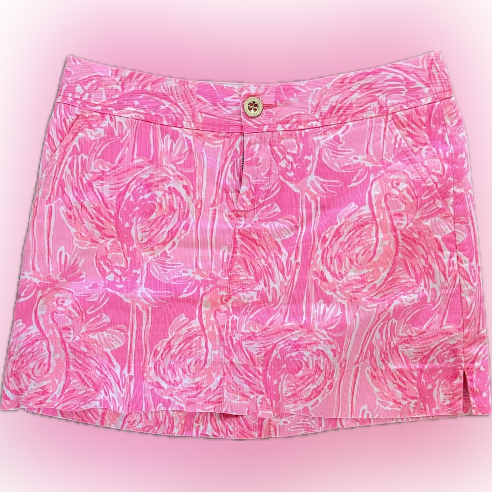 Lilly Pulitzer,‎ Pink Flamingo Print Skirt with built-in white shorts size 2